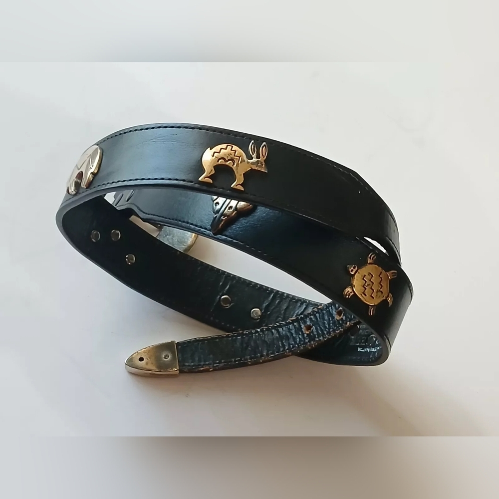 VTG Silver Creek Belt Sz 28 Black Leather Southwestern Metal Animals - Picture 2 of 12